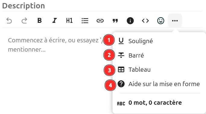 Capture d'écran de la partie description de la carte. Les trois points à droite de plusieurs icône, est cliqué. Il y a une fenêtre popup avec plusieurs items, à côté desquels des chiffres ont été écrits, pour permettre la description de chaque item, dans le texte à côté de l'image.