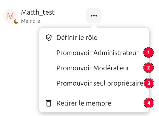 Capture d'écran de la partie d'un cercle où l'on voit le nom d'une membre. A sa droite il y a 3 points sur lesquels on a cliqué et apparaît une fenêtre avec des items : Définir le rôle, Promouvoir moderator, Promouvoir seul propriétaire, Supprimer le membre. A droite de chaque item se trouve un chiffre de 1 à 4, dans l'ordre de citation, qui sont là pour décrire la fonction de chaque item, dans le texte qui se trouve à droite de l'image.