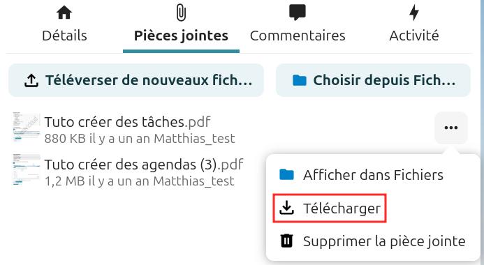 Capture d'écran de la popup qui se nomme "Choisir une pièce jointe". Sous le titre il y a 2 bouton, l'un intitulé "Téléverser de nouveaux fichiers", l'autre "Choisir depuis fichiers". En-dessous le nom d'un fichier pdf qui a été choisit sur l'ordinateurA droite du nom du pdf il y 3 petits points qui sont cliqués, apparaît une fenêtre popup avec plusieurs items. Le deuxième item "Télécharger" est entouré d'un cadre rouge pour le distinguer.