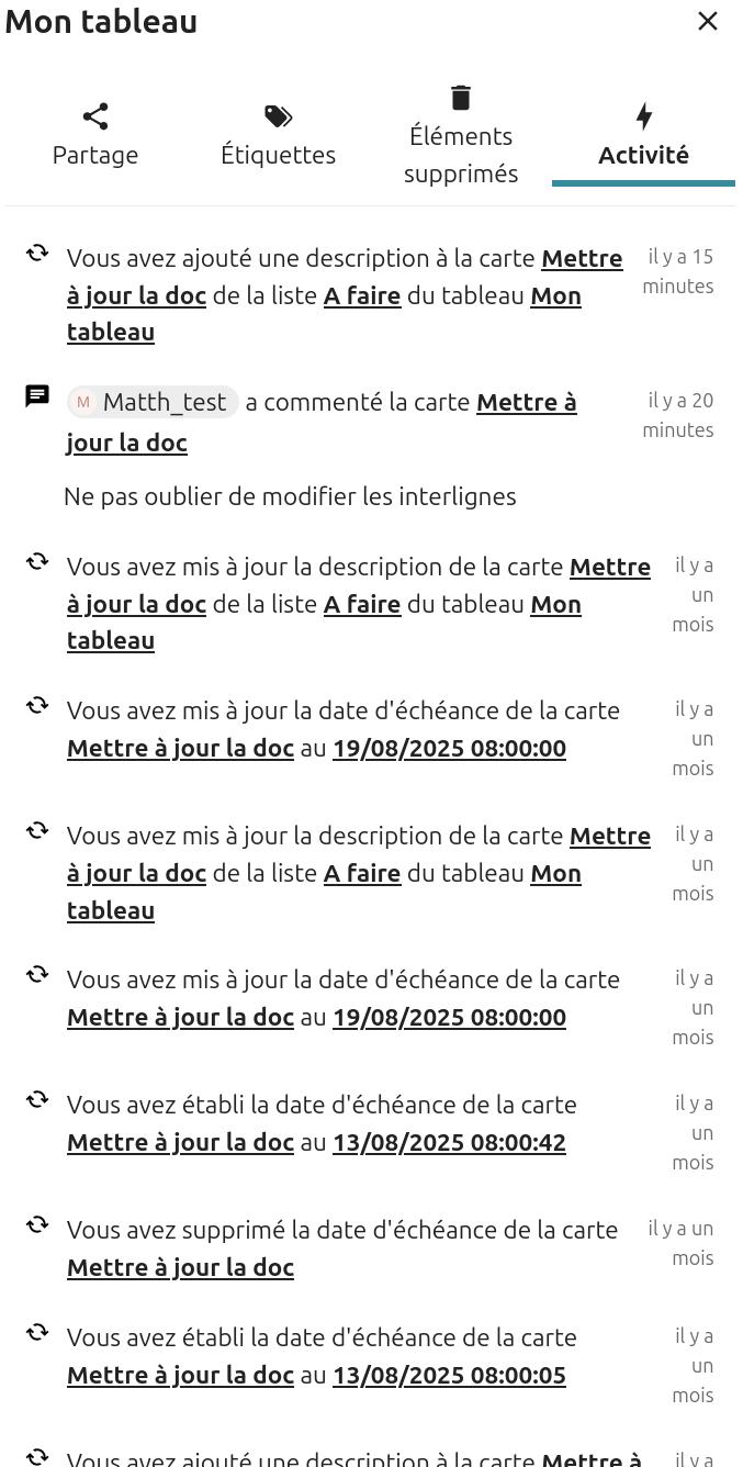 Capture d'écran de la popup des détails du tableau. On y voit le titre du tableau, ainsi que 4 onglets, "Détails", "Pièces jointes", "Commentaires", et "Activité" (c'est cet onglet qui est ouvert). On y voit la liste chronologique de toutes les actions qui ont été faites sur le tableau.