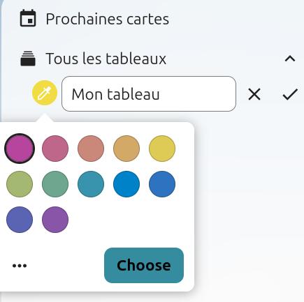 Capture d'écran de la partie gauche en haut de la page du Deck. On voit le champ pour remplir le nom du tableau, avec l'intitulé "Mon tableau", et une flèche sur sa droite, qui est pointé vers la droite. A gauche un rond de couleur, avec l'icône d'une pipette à l'intérieur, est cliqué. Apparaît une popup avec plusieurs rond de couleurs.