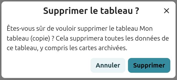 Capture d'écran de la fenêtre qui apparaît lorsqu'on demande la suppression d'un tableau, pour demander si l'on souhaite vraiment supprimer ce tableau, car cela supprimera tout, les données du tableau également.