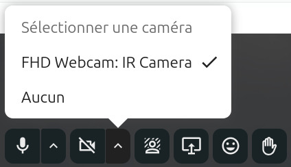 Menu de sélection de caméra dans Nextcloud Talk. Deux options sont disponibles : - FHD Webcam: IR Camera (sélectionnée avec une coche), Aucun. - En dessous, la barre d'outils affiche les icônes pour le microphone, la caméra, l'ajout de fond d'écran, le partage d'écran, les réactions et lever la main.