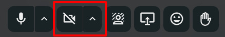 Barre d'outils de contrôle d'appel dans Nextcloud Talk. Les icônes suivantes sont visibles de gauche à droite : Microphone, Caméra (encadré en rouge), ajouter fond d'écran, Partager l'écran, Réactions (émoticônes), Lever la main.