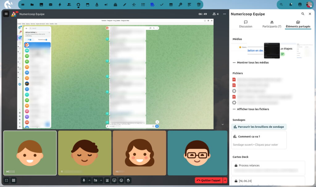 Interface d'un appel vidéo dans Nextcloud Talk avec l'équipe "Numericoop Équipe". À gauche, une fenêtre de partage d'écran affiche un tableau blanc collaboratif avec des motifs verts et un menu latéral. En bas, quatre participants sont visibles en grille avec leurs avatars : M (fond vert), R (fond vert clair), H (fond marron), M (fond bleu, avec lunettes). À droite, la barre latérale affiche les onglets "Discussion", "Participants (7)", et "Éléments partagés", avec des sections pour les "Médias", "Fichiers", "Sondages" (un sondage ouvert est visible : "Comment ça va ?"), et "Cartes Deck". Un bouton rouge "Quitter l'appel" est visible en bas de l'interface.