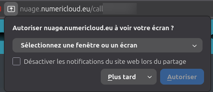 Fenêtre de demande d'autorisation pour le partage d'écran dans un navigateur. Le message principal est : "Autoriser nuage.numericloud.eu/call/4tb8n8xo à voir votre écran ?". Un menu déroulant propose l'option : "Sélectionnez une fenêtre ou un écran". Une case à cocher permet de : "Désactiver les notifications du site web lors du partage". Deux boutons sont disponibles en bas : "Plus tard" et "Autoriser" (en bleu).