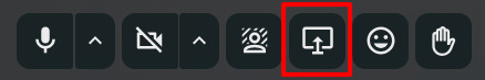 Barre d'outils de contrôle d'appel dans Nextcloud Talk. Les icônes suivantes sont visibles de gauche à droite : Microphone, Caméra, ajouter fond d'écran, Partager l'écran (encadré en rouge), Réactions (émoticônes), Lever la main.
