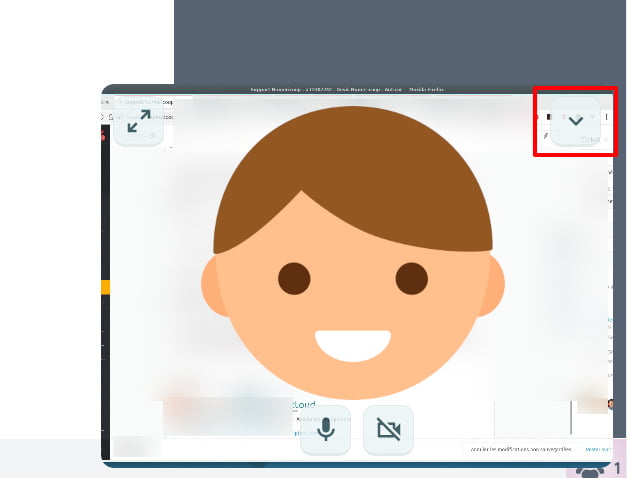 On voit l'avatar d'un individu dans un cadre vidéo. En haut à gauche une icône pour indiquer qu'on peut mettre l'image de la vidéo en plein écran. En haut à droite un chevron vers le bas. En-dessous de l'avatar, côte à côte, l'icône d'un micro et l'icône d'une caméra.