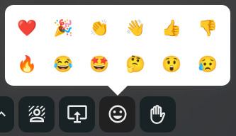Menu des réactions rapides dans Nextcloud Talk. Une sélection de 12 emojis est affichée en grille : ❤️, 🎉, 👍, 👋, 👎, 👊, 🔥, 😂, 😍, 😢, 😐, 😮, 😭. Le menu est ouvert à partir de l'icône "Réactions (émoticônes)" dans la barre d'outils.