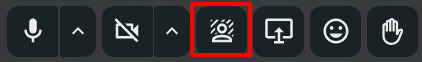 Barre d'outils de contrôle d'appel dans Nextcloud Talk. Les icônes suivantes sont visibles de gauche à droite : Microphone, Caméra, ajouter fond d'écran (encadré en rouge), Partager l'écran, Réactions (émoticônes), Lever la main.